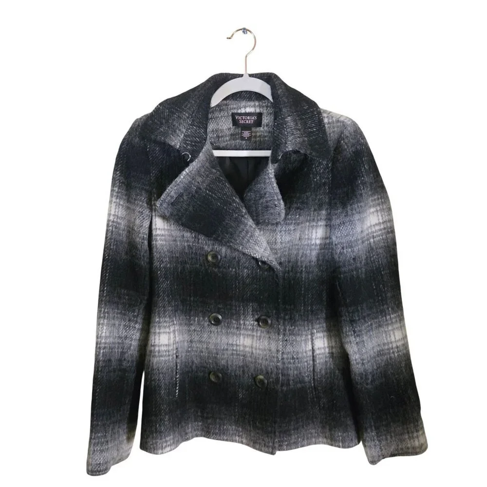 Victoria's Secret Gray Ombre Plaid Wool Blend Peacoat Pockets Warm Size 6